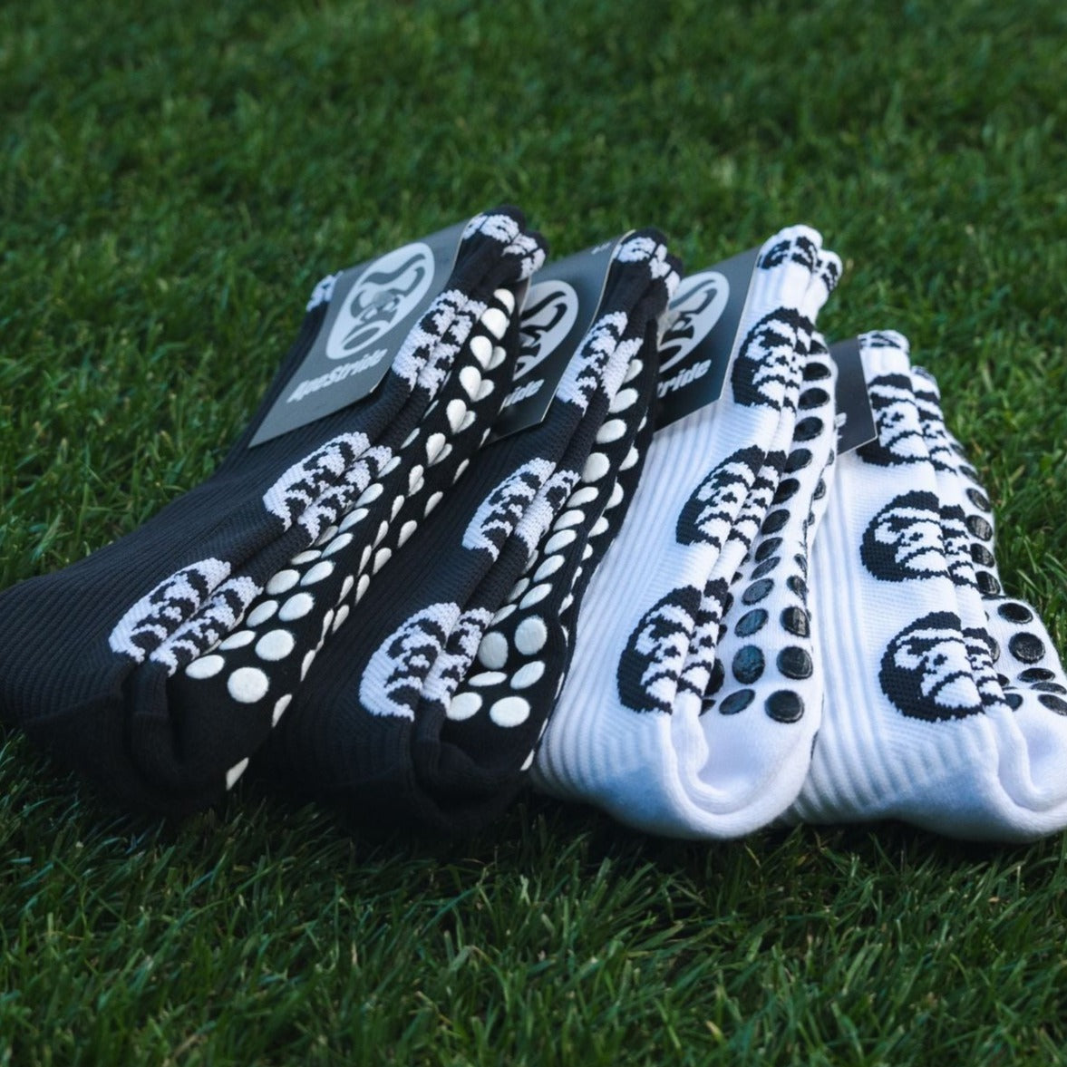 APE STRIDE sports grip socks in black and white for adults and kids